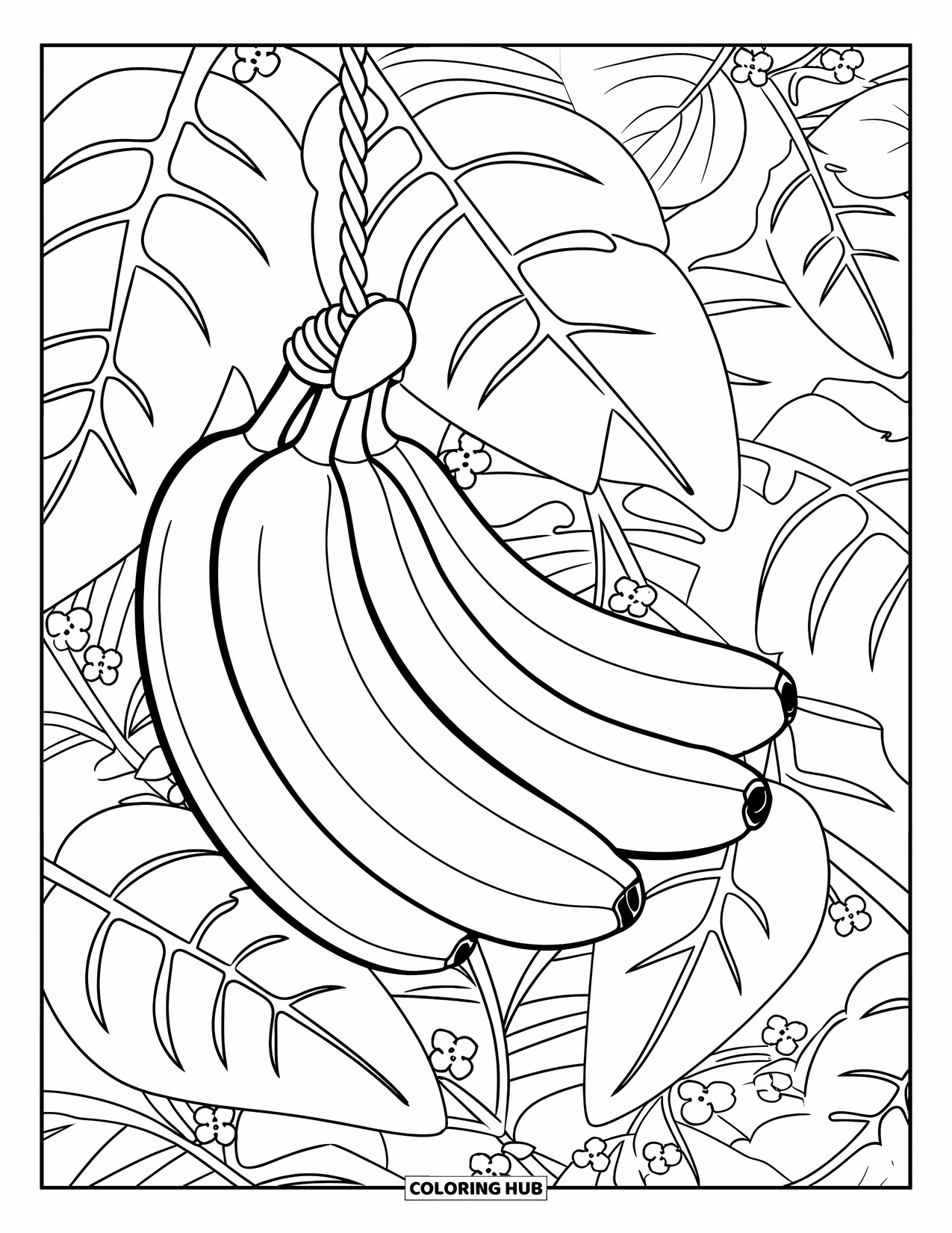 Banana Coloring Page for Adults: A banana bunch hangs on a rope with leaves, small fruits, and flowers nearby