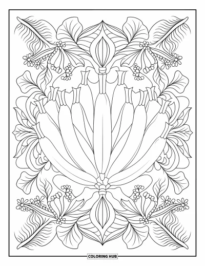 Coloriage de bananes pour adultes : Un régime de bananes est entouré de motifs de mandala feuillu avec des contours nets et marqués