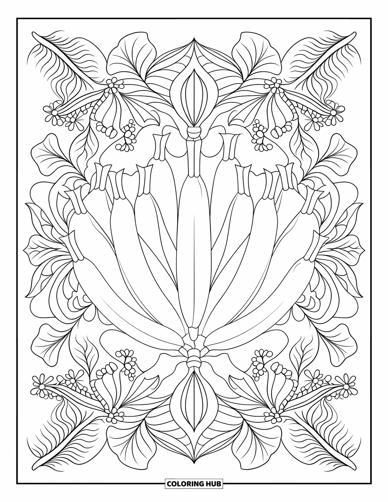 Banana Coloring Page for Adults: A banana bunch is surrounded by leafy mandala designs with bold, crisp outlines