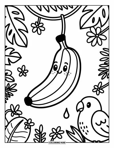 Coloriage de bananes pour adultes : Une banane se balance près d'un perroquet et de feuilles de jungle dans une scène tropicale pleine de vie