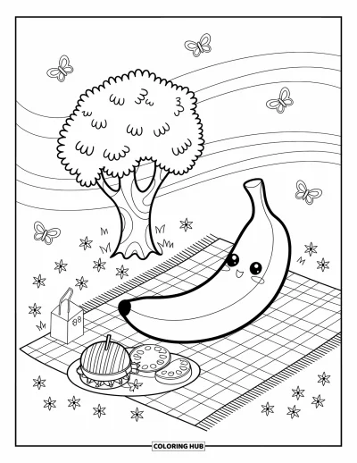 Coloriage de bananes pour adultes : Une banane se prélasse sous un petit arbre avec des en-cas et des papillons qui voltigent tout autour