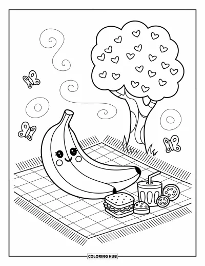 Coloriage de bananes pour adultes : Une banane se prélasse sur une couverture à carreaux avec un sandwich, une boîte de jus et des papillons virevoltants