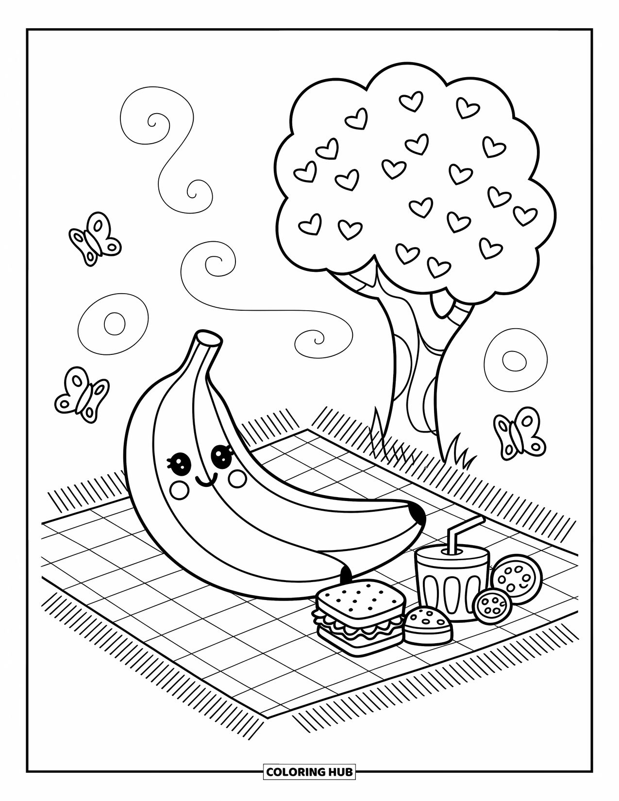 Banana Coloring Page for Adults: A banana relaxes on a gingham blanket with a sandwich, juice box, and fluttering butterflies