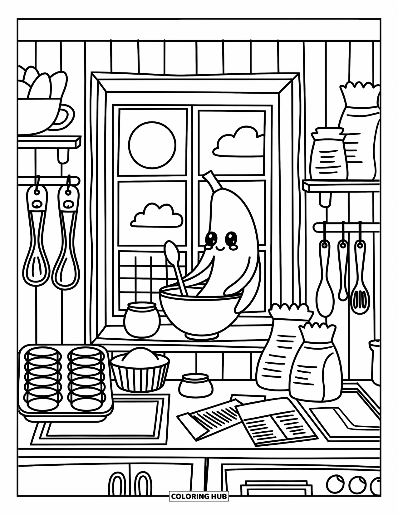 Banana Coloring Page for Adults: A banana stands in a tiny kitchen with baking tools, muffin trays, and recipe cards