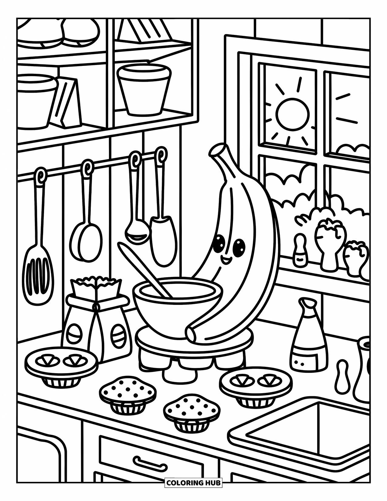 Banana Coloring Page for Adults: A banana stirs muffin mix in a tiny kitchen with recipe cards and baking tools