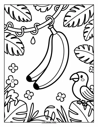 Coloriage de bananes pour adultes : Une banane se balance sur une liane tropicale près de noix de coco, de fleurs et d'un perroquet curieux