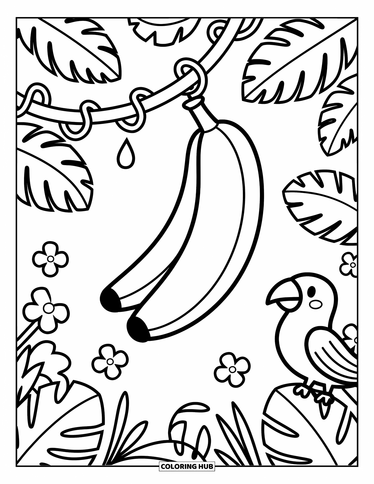 Banana Coloring Page for Adults: A banana swings from a tropical vine near coconuts, flowers, and a curious parrot
