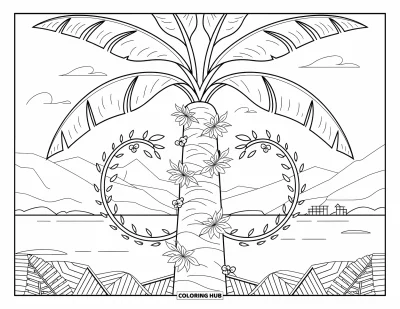 Coloriage de bananes pour adultes : Un bananier est entouré de lianes en spirale et de fleurs dans un paysage serein