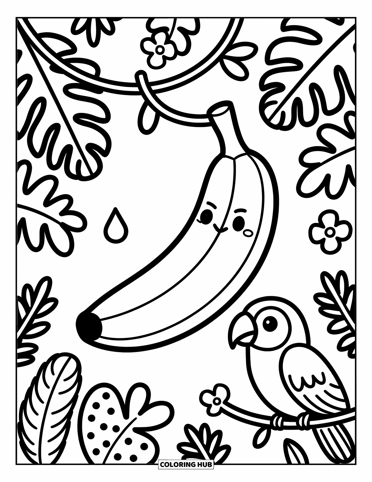 Banana Coloring Page for Adults: A banana with a tiny sweat drop hangs near leaves, flowers, and a parrot