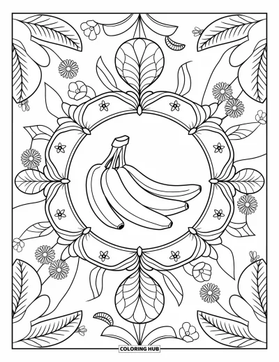Coloriage de bananes pour adultes : Un régime de bananes est centré dans un mandala floral feuillu