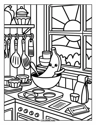 Coloriage de bananes pour adultes : Une banane joyeuse mélange de la pâte dans une cuisine chaleureuse remplie de moules à muffins et de sacs de farine