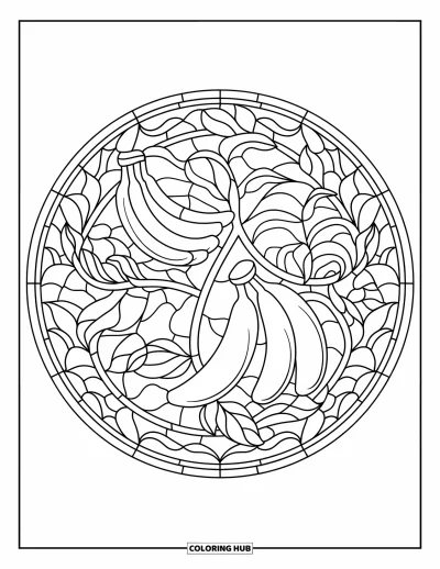 Coloriage de bananes pour adultes : Un motif circulaire en vitrail représente des bananes, des lianes et des motifs végétaux