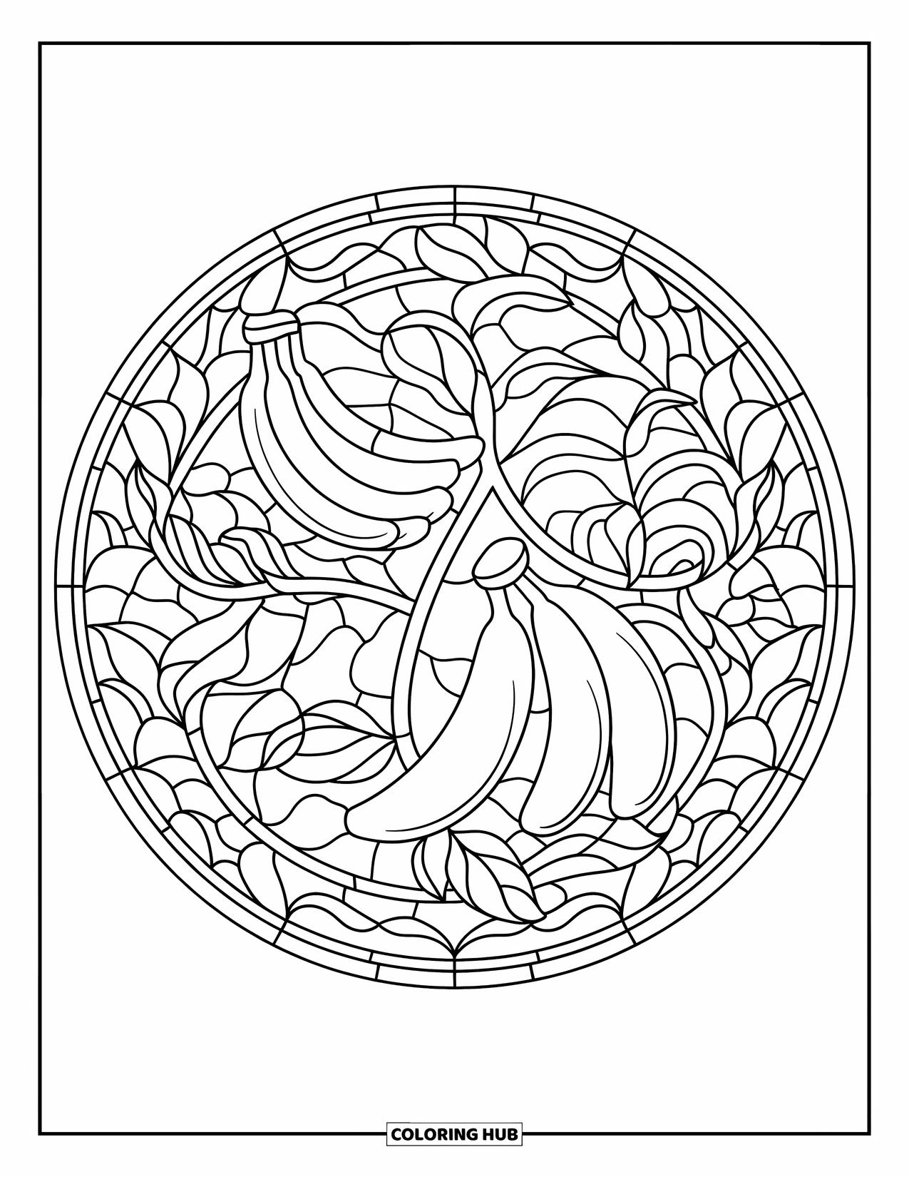 Banana Coloring Page for Adults: A circular stained-glass pattern features bananas, vines, and leafy designs