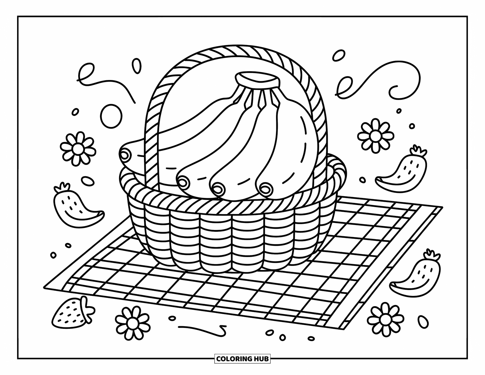 Banana Coloring Page for Adults: A cozy basket of bananas rests on a blanket with strawberries and scattered peels