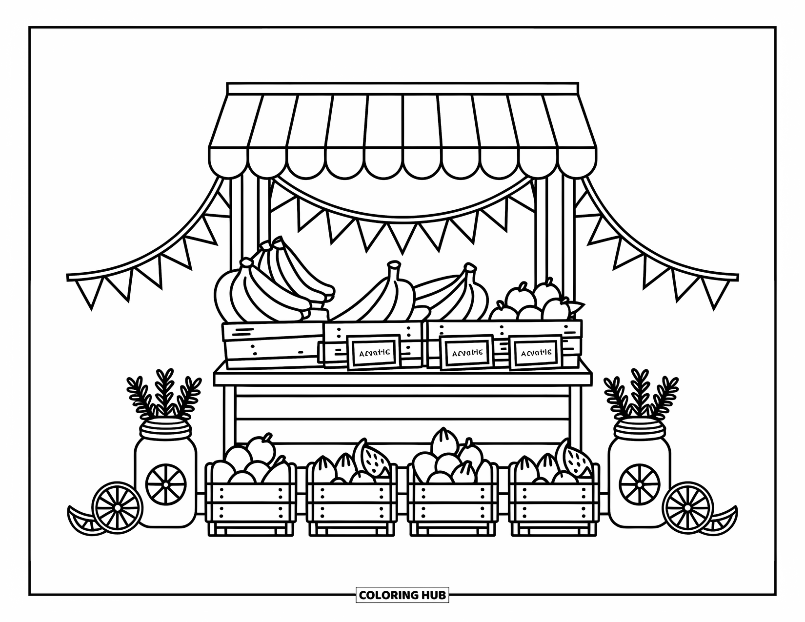 Banana Coloring Page for Adults: A cozy fruit stand displays bananas, mini crates, chalkboard signs, and cheerful mason jars