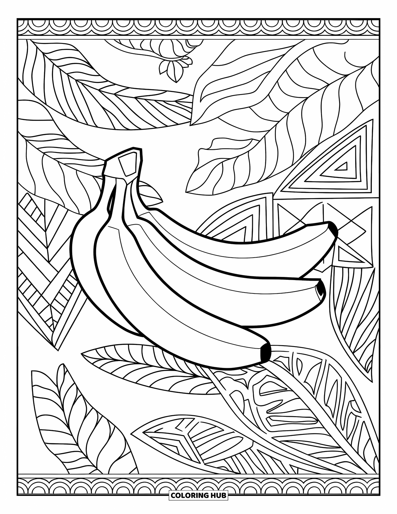 Banana Coloring Page for Adults: A hanging banana bunch is framed by flowers, leaves, and bold tropical shapes