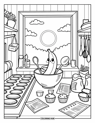 Coloriage de bananes pour adultes : Une banane kawaii prépare des muffins dans une cuisine chaleureuse avec de jolis ustensiles et un lever de soleil