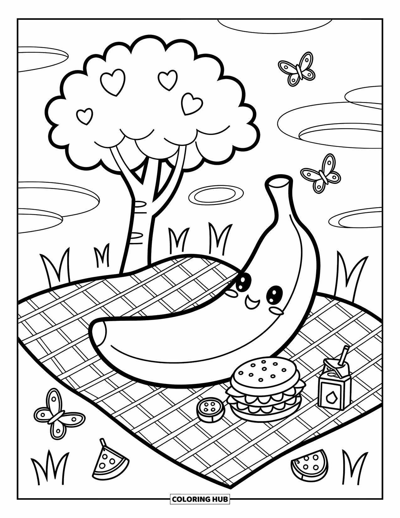 Banana Coloring Page for Adults: A kawaii banana rests under a tree with snacks and playful butterflies nearby
