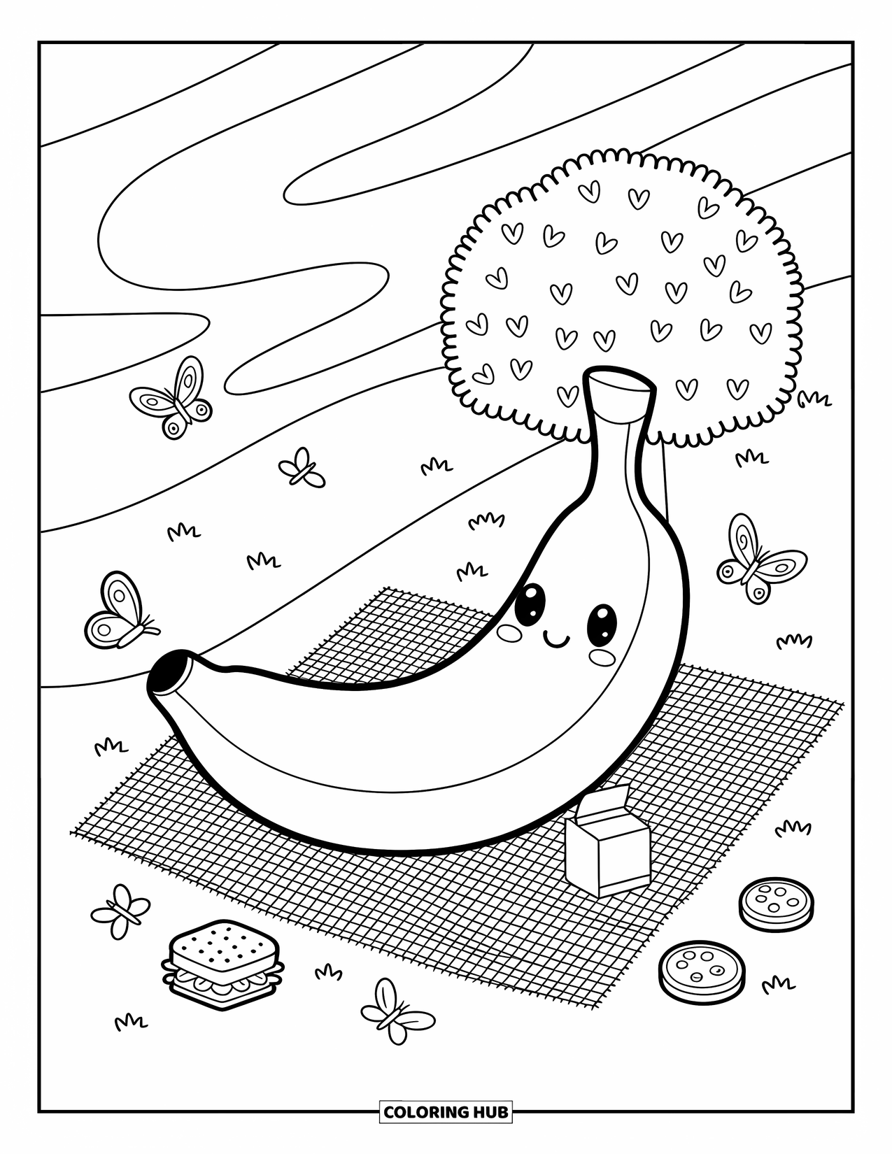 Banana Coloring Page for Adults: A lounging banana enjoys a picnic with fruit slices, butterflies, and soft breezes