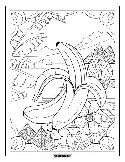 Coloriage de bananes pour adultes : Une banane épluchée se trouve dans un paysage de mandala floral avec des arbres et des collines au loin