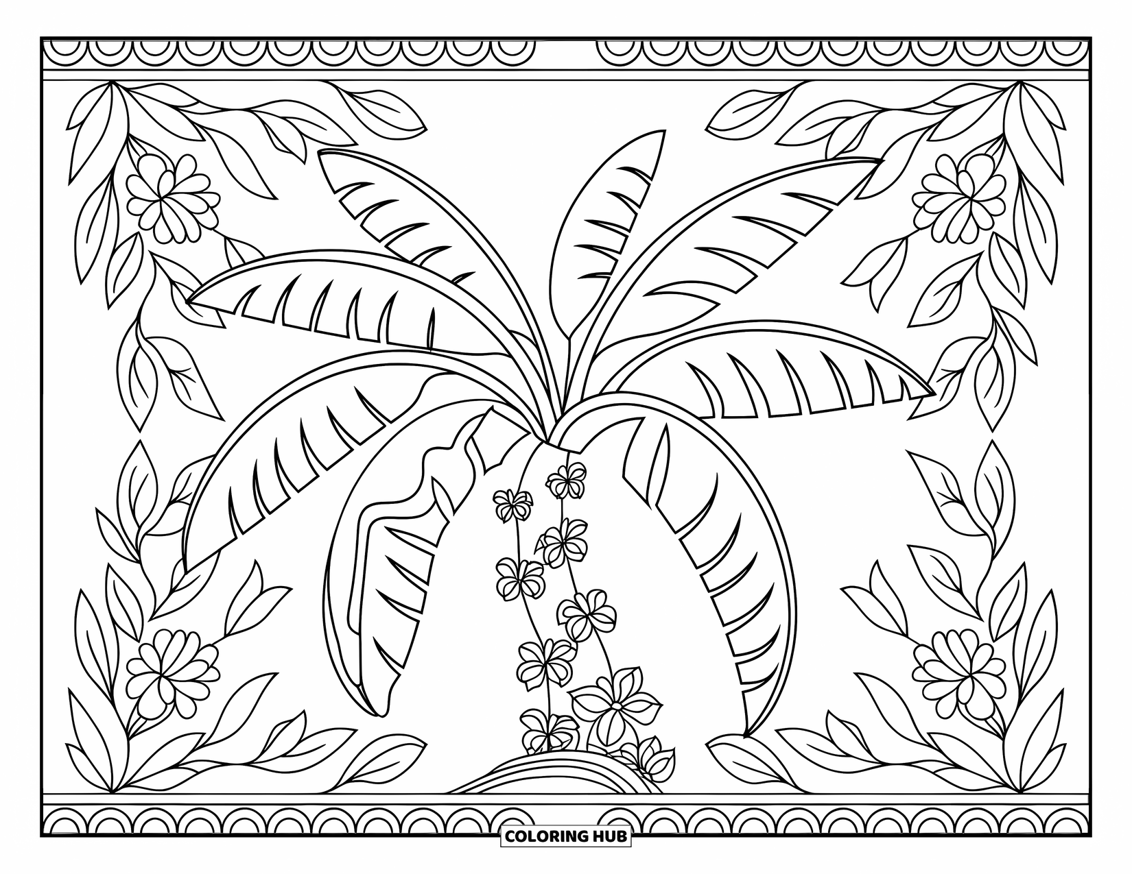 Banana Coloring Page for Adults: A tropical tree with banana leaves and floral vines sits inside a patterned frame