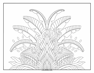 Coloriage de bananes pour adultes : Des feuilles de bananier et des régimes sont agencés avec des pétales dans un décor botanique