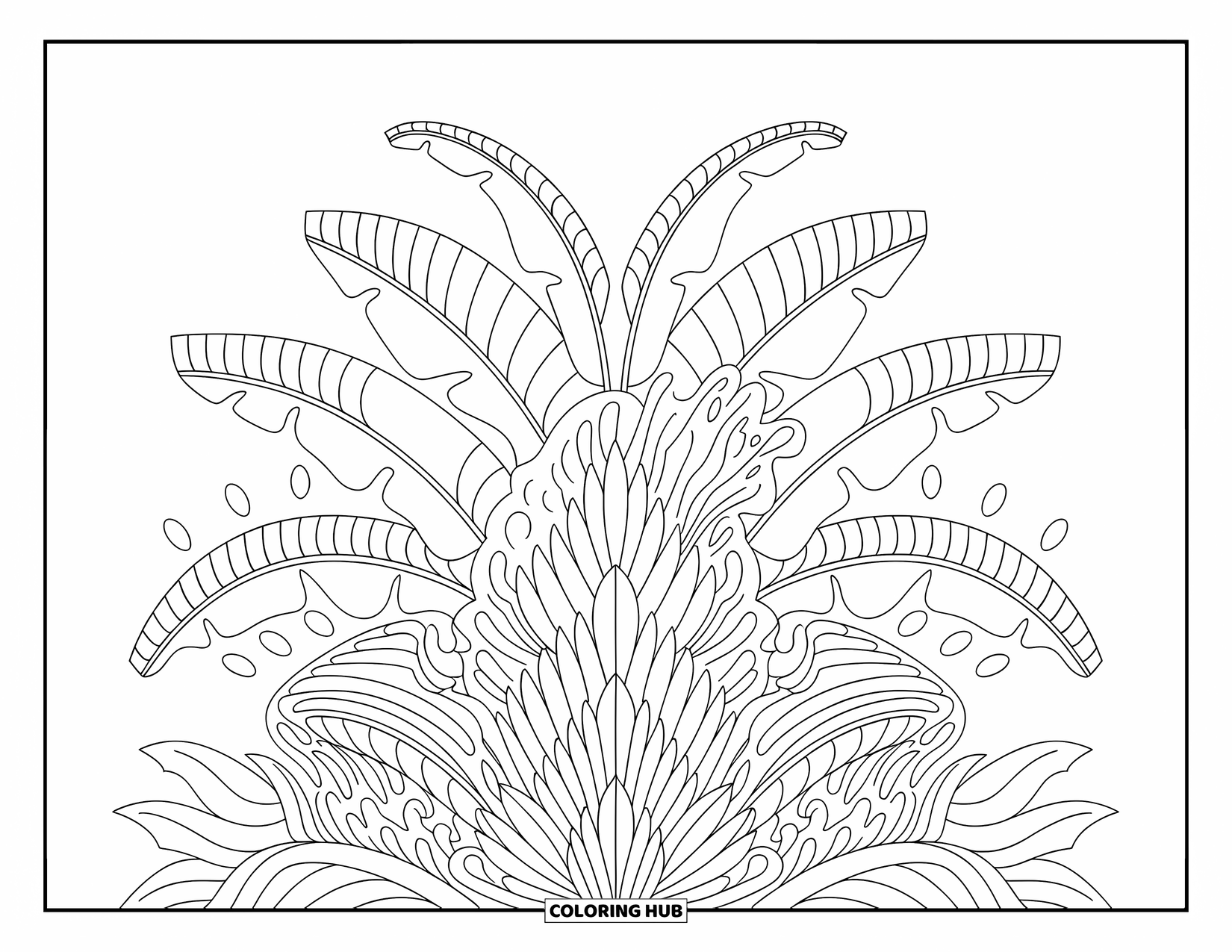 Banana Coloring Page for Adults: Banana leaves and clusters are arranged with petals in a botanical design