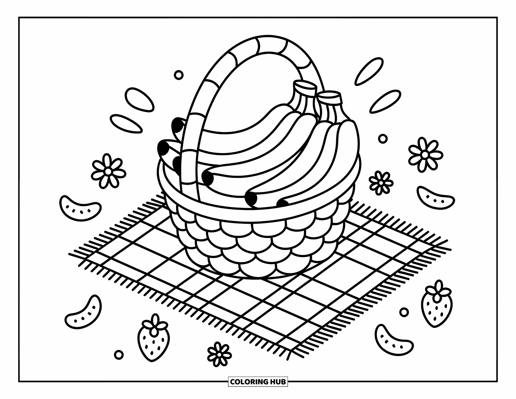 Banana Coloring Page for Adults: Bananas and berries fill a basket on a picnic blanket with flowers and soft breezes