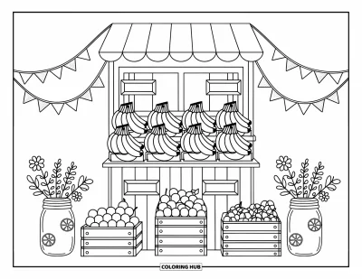 Coloriage de bananes pour adultes : Des bananes et des caisses de fruits garnissent un étal en bois avec des fanions et des bocaux fleuris de chaque côté