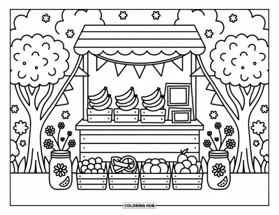 Coloriage de bananes pour adultes : Des bananes et des fruits reposent dans un étal en bois décoré de bocaux en verre et de fanions colorés