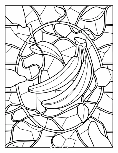 Coloriage de bananes pour adultes : Des bananes et des lianes sont agencées dans un style vitrail avec des contours prononcés