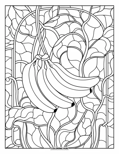 Coloriage de bananes pour adultes : Des bananes et des lianes s'entrelacent dans des formes de vitrail remplies de détails végétaux