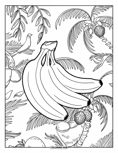 Coloriage de bananes pour adultes : Des bananes pendent parmi des palmiers, des noix de coco et des oiseaux dans un motif feuillu très dense