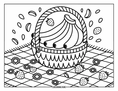 Coloriage de bananes pour adultes : Des bananes reposent dans un panier tressé entouré de fraises et de fleurs sur un tapis de pique-nique