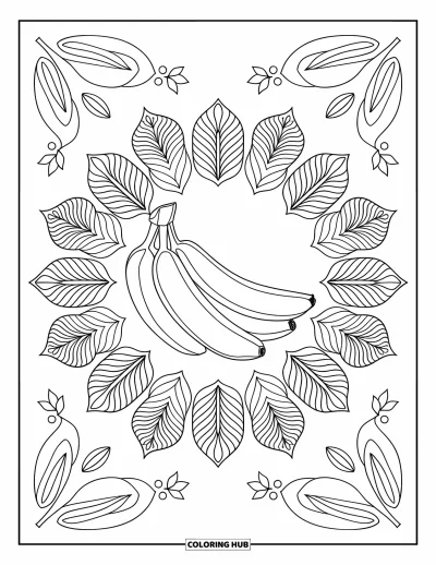 Coloriage de bananes pour adultes : Des bananes se trouvent au centre d'un mandala botanique rempli de feuilles et de fleurs