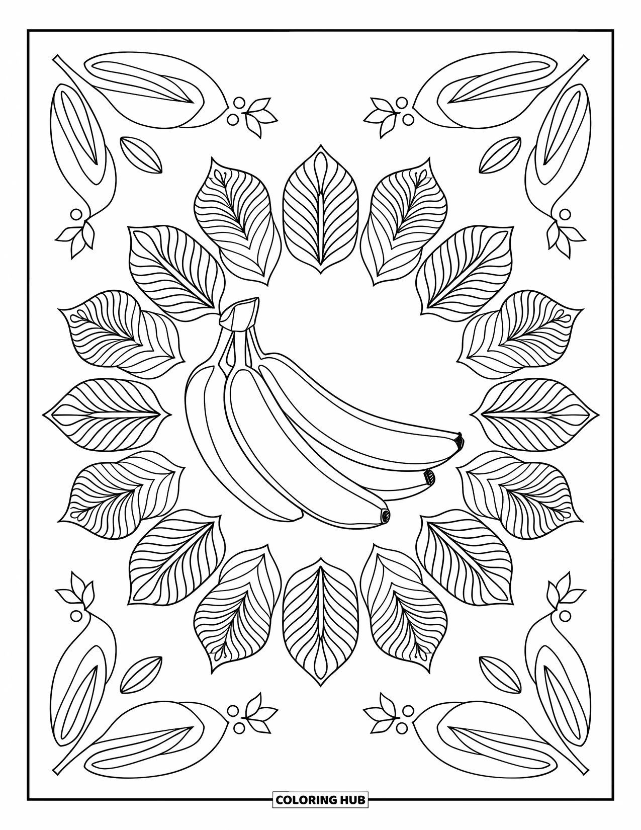 Banana Coloring Page for Adults: Bananas sit in the middle of a botanical mandala filled with leaves and flowers