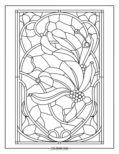 Coloriage de bananes pour adultes : Des bananes s'entrelacent dans des lianes selon un motif ornemental inspiré du vitrail