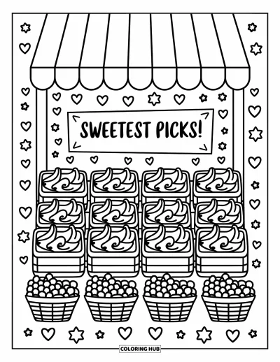 Coloriage de bananes pour adultes : De mini bananes remplissent des caisses sous un auvent rayé avec des panneaux et des corbeilles de petits fruits