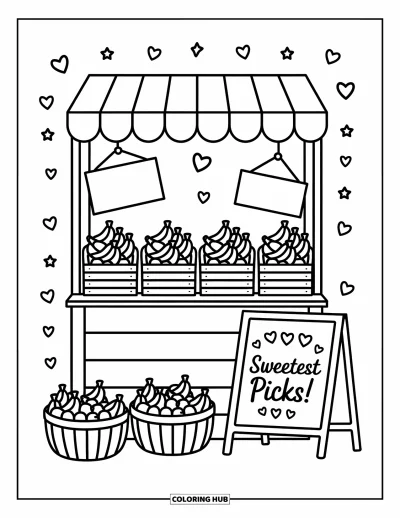 Coloriage de bananes pour adultes : De petites bananes remplissent des caisses en bois sous une tente de marché rayée ornée de cœurs et d'étoiles