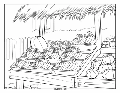 Coloriage de bananes pour enfants : Un étal de marché en bambou expose des bananes, des potirons et des tomates