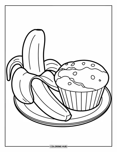 Coloriage de bananes pour enfants : Une banane et un muffin partagent une assiette dans une mise en scène simple et amusante