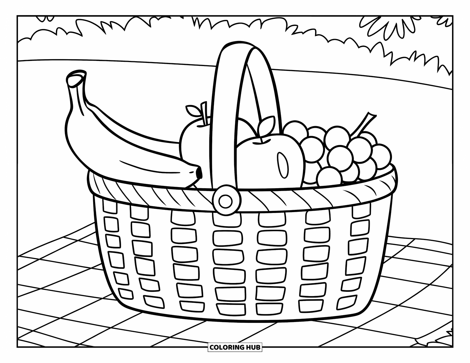 Banana Coloring Page for Kids: A banana and other fruits sit in a basket on a picnic cloth