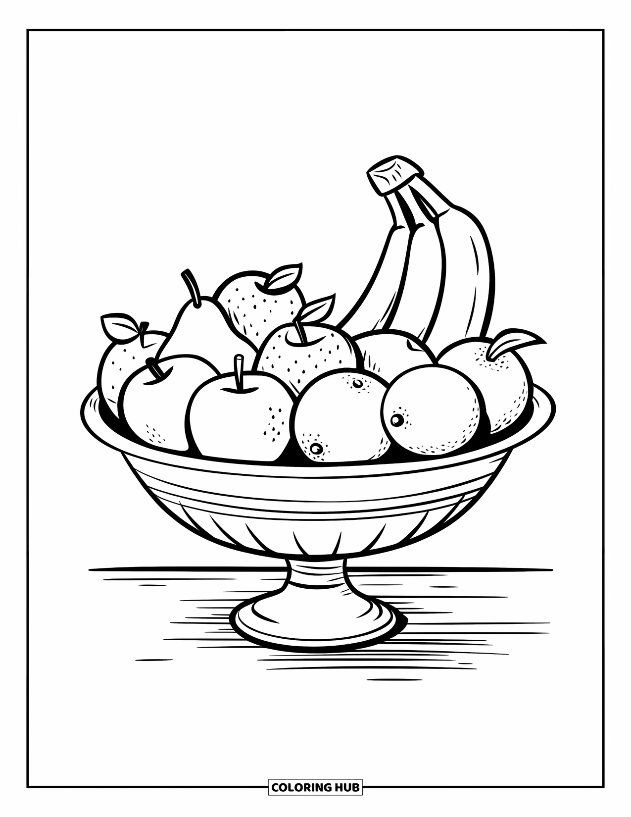 Banana Coloring Page for Kids: A banana bunch sits in a fruit bowl with apples, pears, and oranges