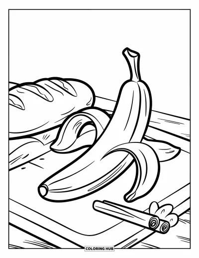 Coloriage de bananes pour enfants : Une banane, un bâton de cannelle et du pain sont soigneusement disposés sur une planche à découper