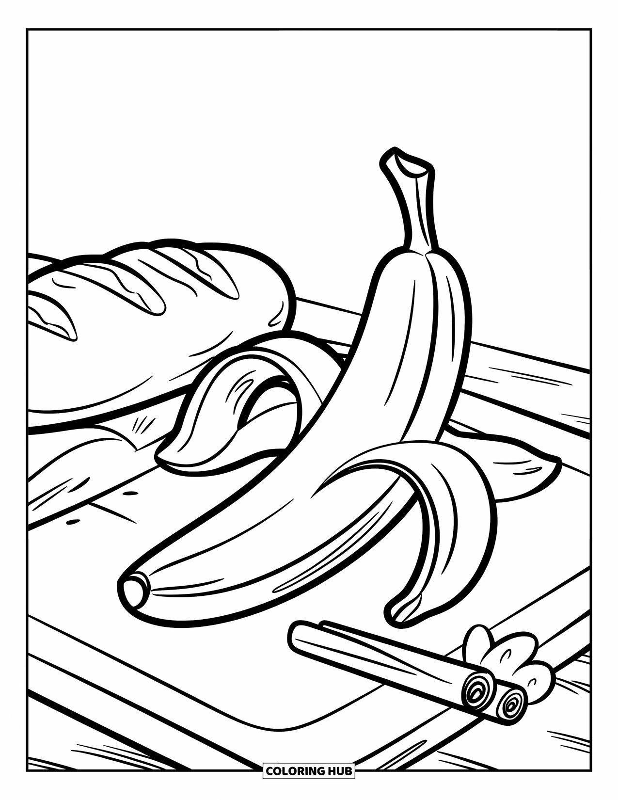 Banana Coloring Page for Kids: A banana, cinnamon stick, and bread sit neatly on a cutting board