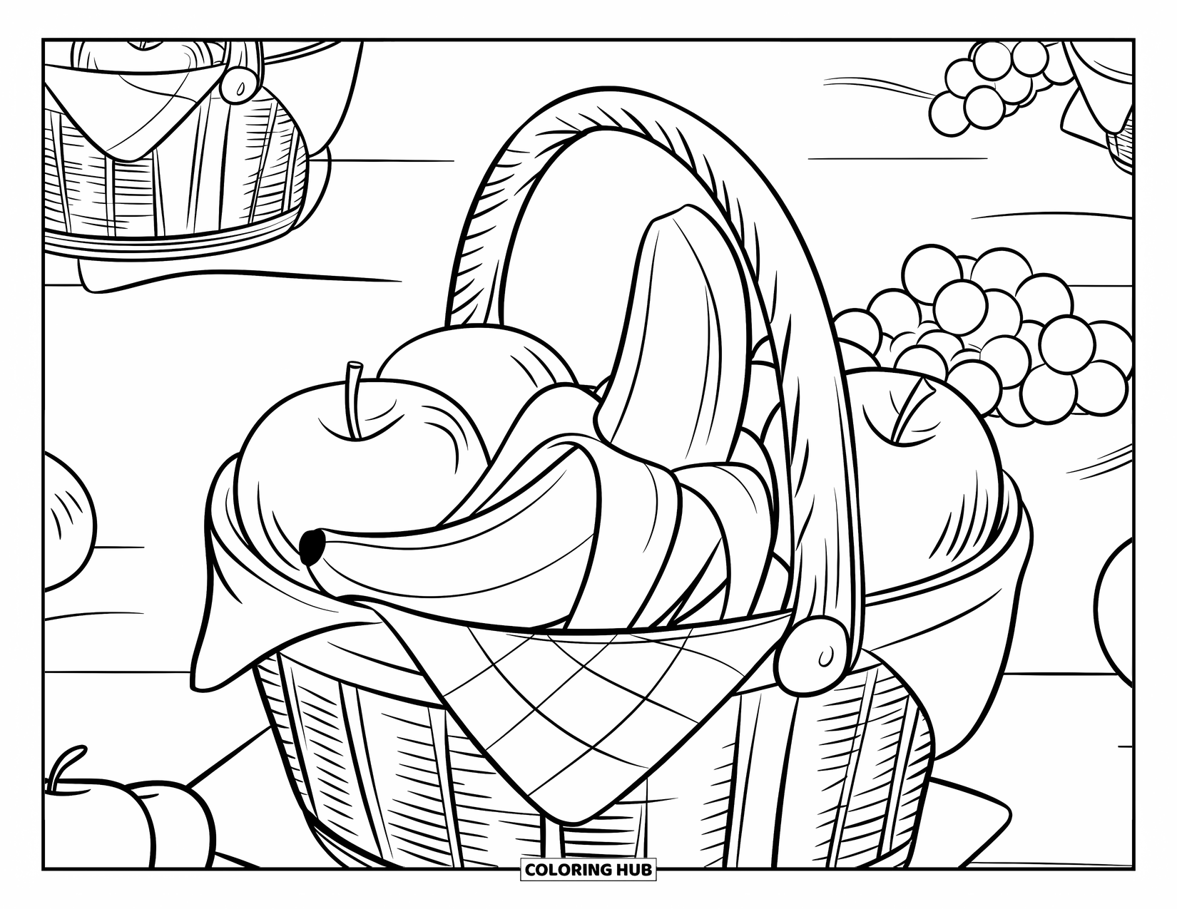 Banana Coloring Page for Kids: A banana peeks out of a basket beside more fruit and picnic baskets