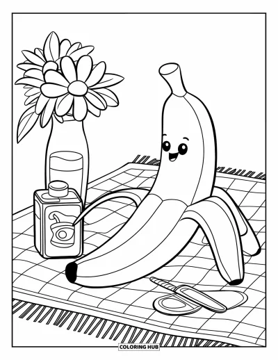 Coloriage de bananes pour enfants : Une peluche banane est assise sur un tapis à côté d'une boîte de jus et d'un vase fleuri