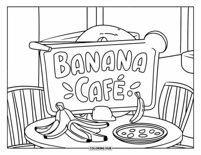 Coloriage de bananes pour enfants : Une enseigne de café sur le thème de la banane est posée sur une table avec de jolis objets en forme de banane