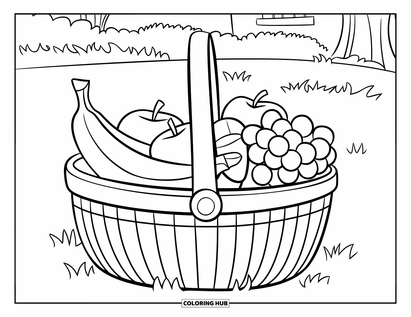 Banana Coloring Page for Kids: A basket filled with fruit rests in a grassy park near a tree