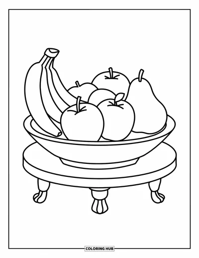 Coloriage de bananes pour enfants : Un bol de fruits mélangés avec des bananes repose sur un présentoir en bois
